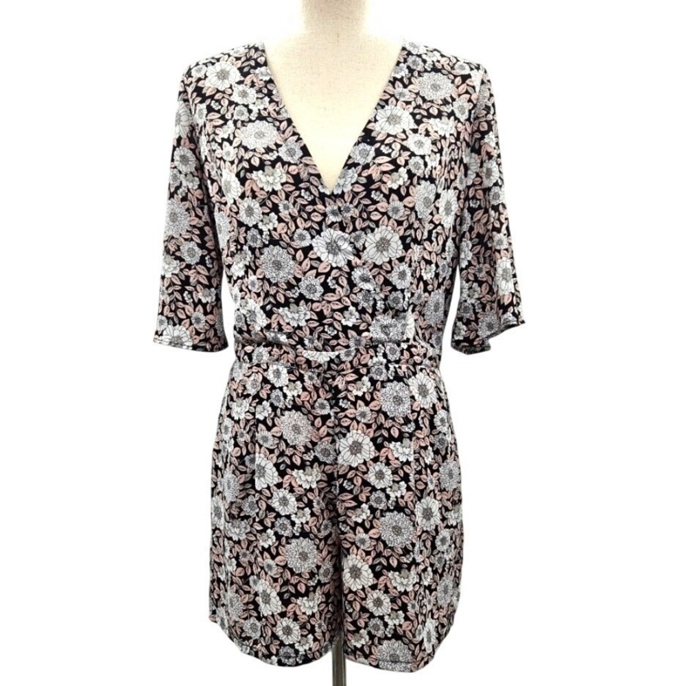 Dalia Floral V-Neck Romper Black Pink Flutter Sleeve Pockets MD6129L